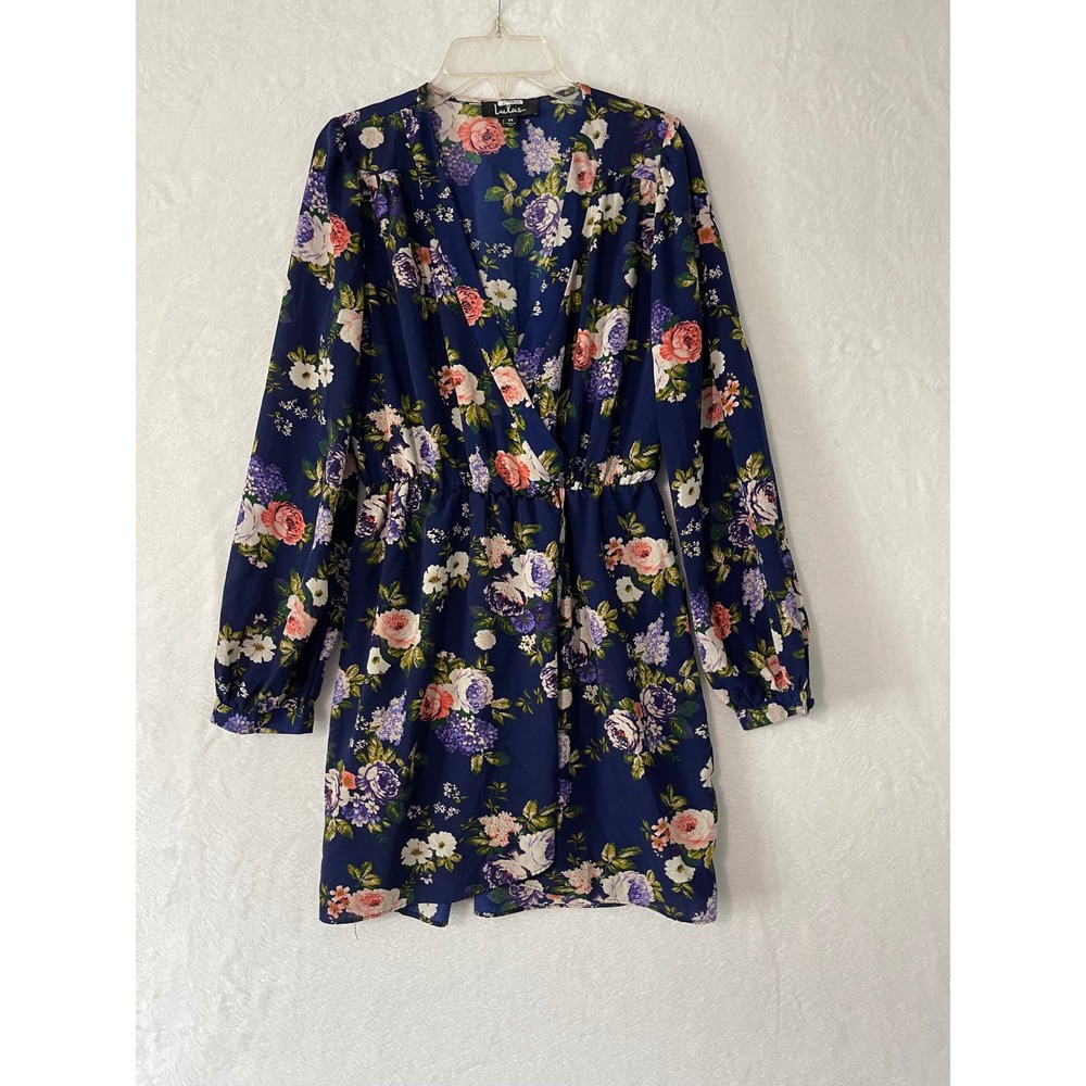 Lulus That's a Wrap Navy Blue Floral Mini  Dress Long Sleeve Wrap Womens Medium